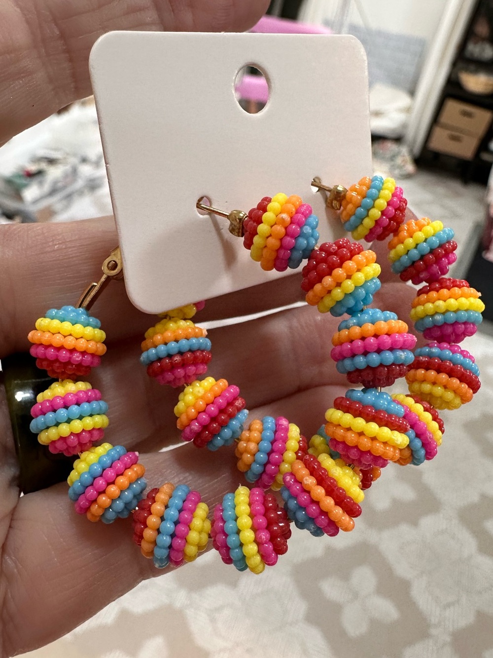 Handmade Multicolor Beaded Hoop Earrings - Bright Rainbow